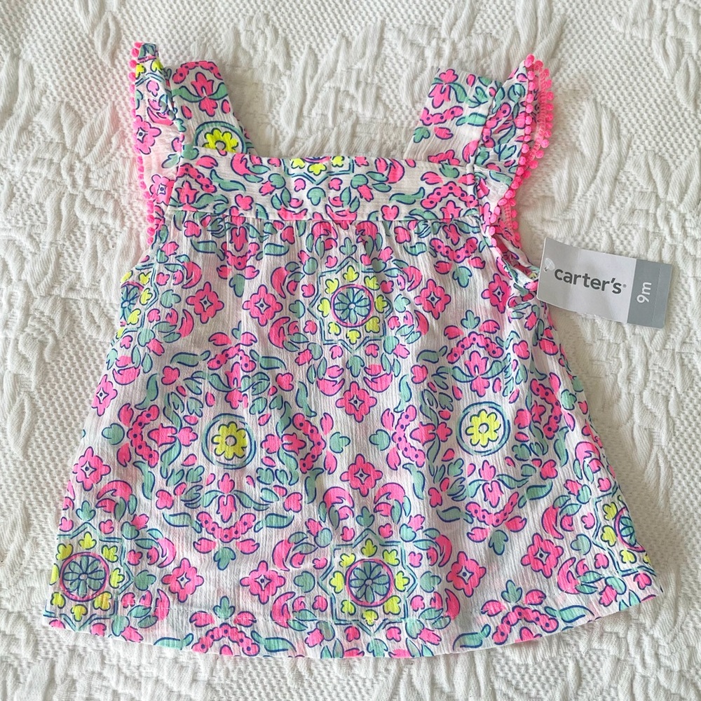 NWT Carter’s Pink and White Linen Shirt Dress Baby Girl Size 9 Months
